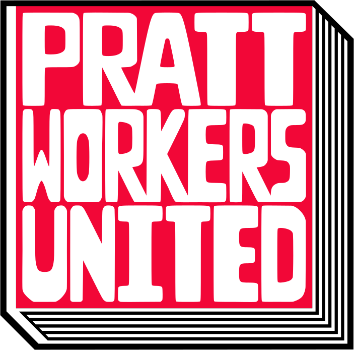 Logo for Pratt Workers United. The design is essentially the words 'Pratt Workers United' on the cover of a book in an isometric perspective, but the design is less illustrative, more simple and clean.