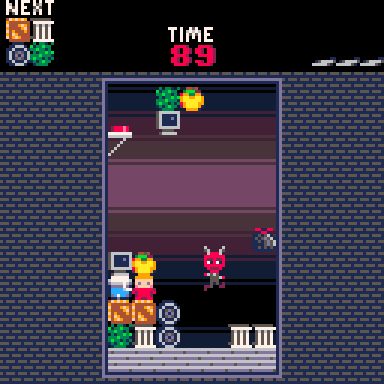 screen capture from Garbage Demon's single player mode. You see the field on which the demon and the garbage fall as will as a display at the top with the level timer and next block.