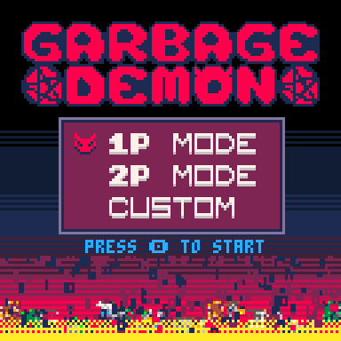 screen capture from Garbage Demon's menu, There is a logo with the title text and a selection box displaying options for single-player, two-player, and custom modes. Below the selection box is a trash fire.