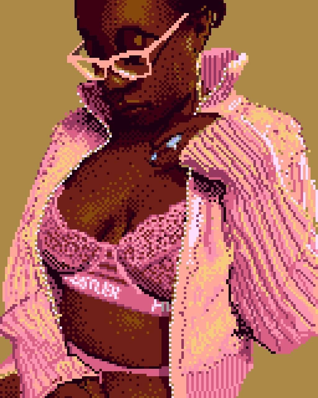 portrait of a figure wearing a pink lengerie set and a pink fur coat