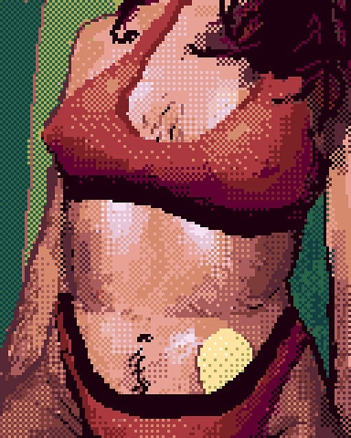 portait of a figure wearing an orange sports bra and panties with an estrogen patch.