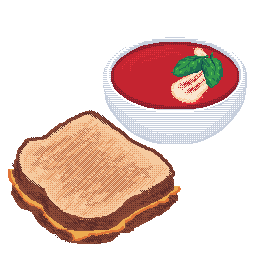 a grilled cheese and tomato soup with creme and a basil garnish