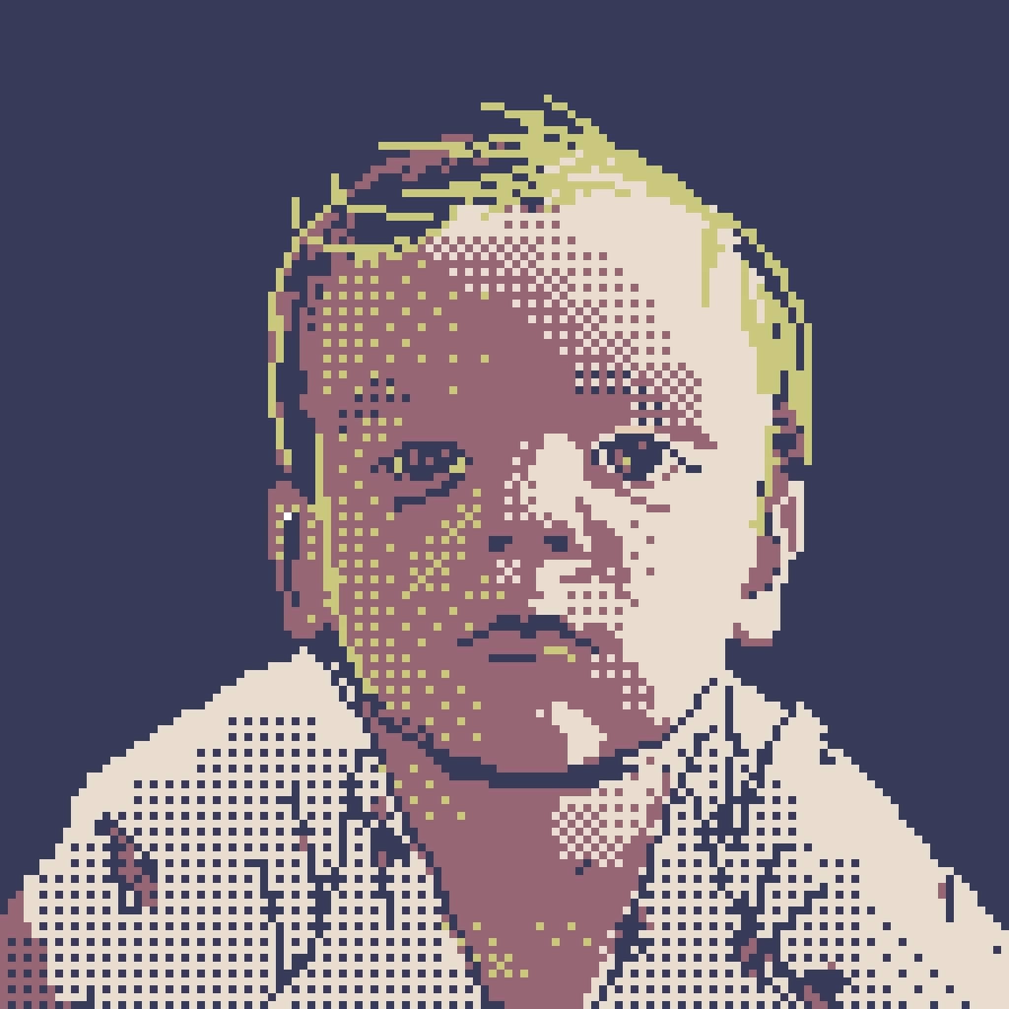 portrait of a child with blonde hair wearing a white shirt.