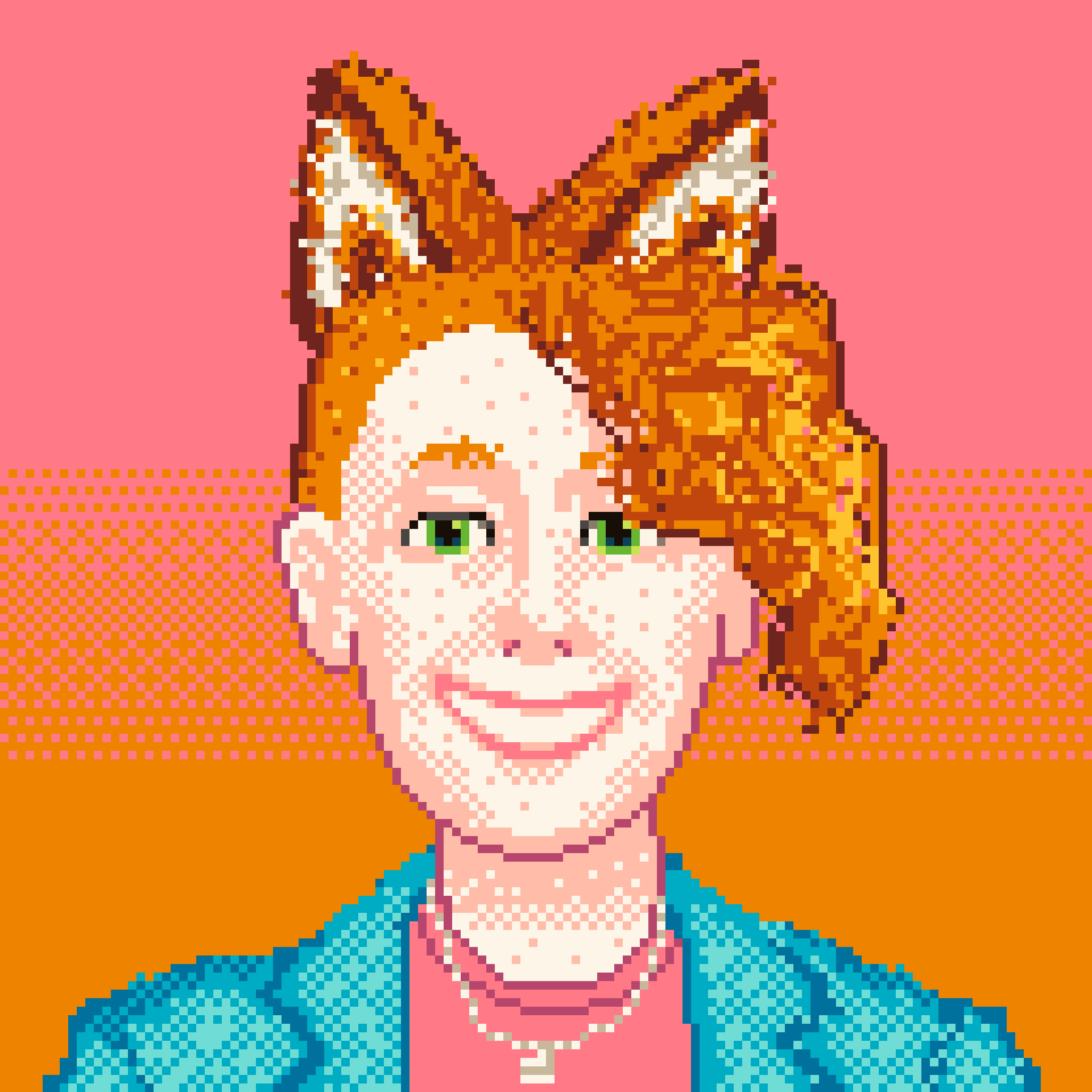 portrait of a person with orange hair and fox ears wearing a blue denim jacket, a pink tee and a necklace with a small charm.