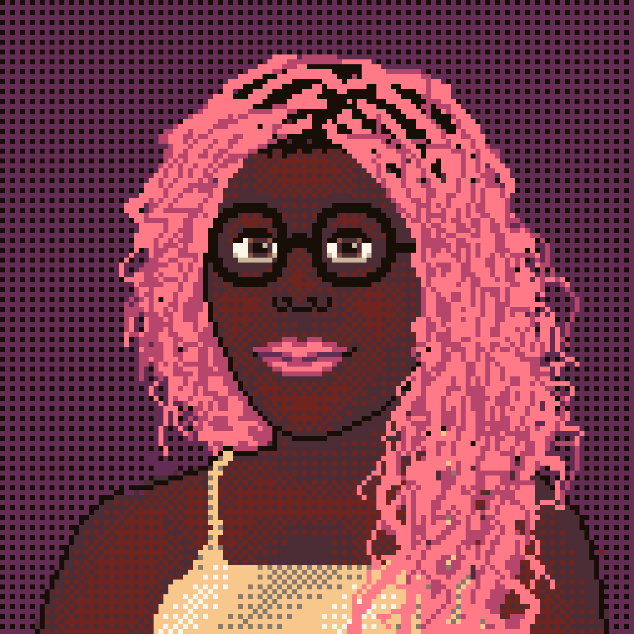 portrait of a person with pink braids and glasses wearing a champaigne spaghetti strap top.