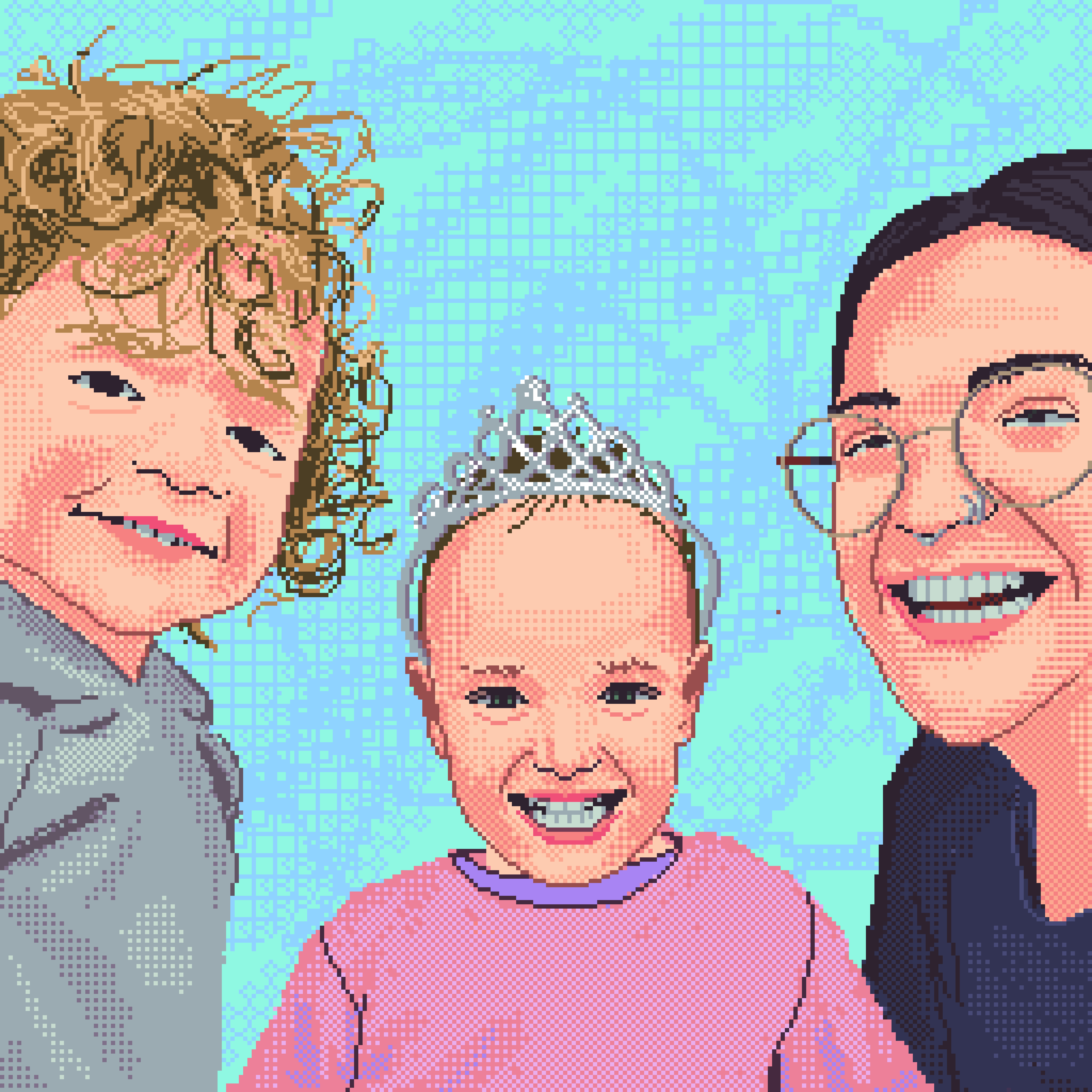 a group portrait, featuring a child with curly blonde hair wearing a grey sweater, another child wearing a tiara and a pink sweater, and an adult with black hair and glasses wearing a black shirt.