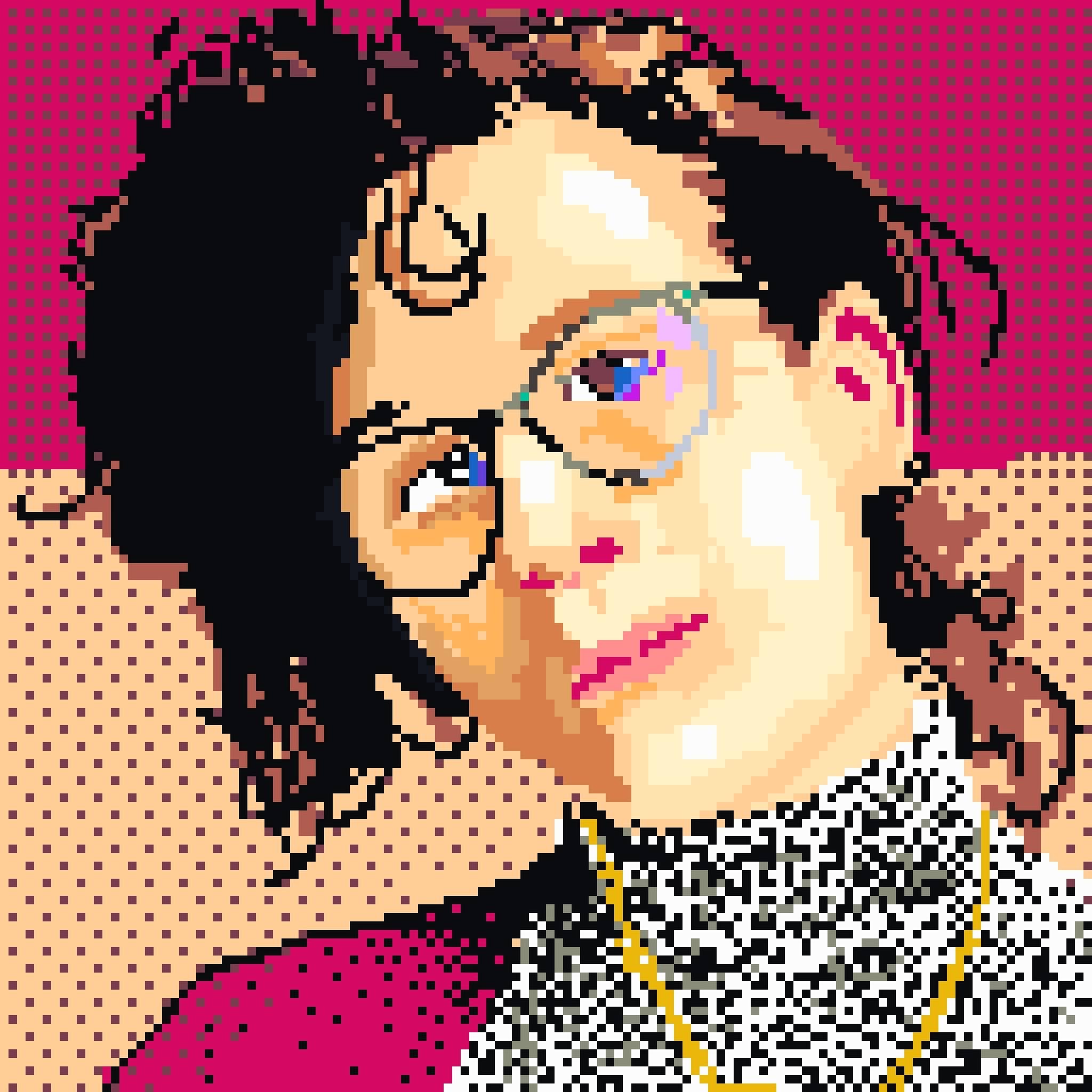 portrait of a person with brown hair and glasses wearing a turtleneck, a gold necklace and a red cardigan