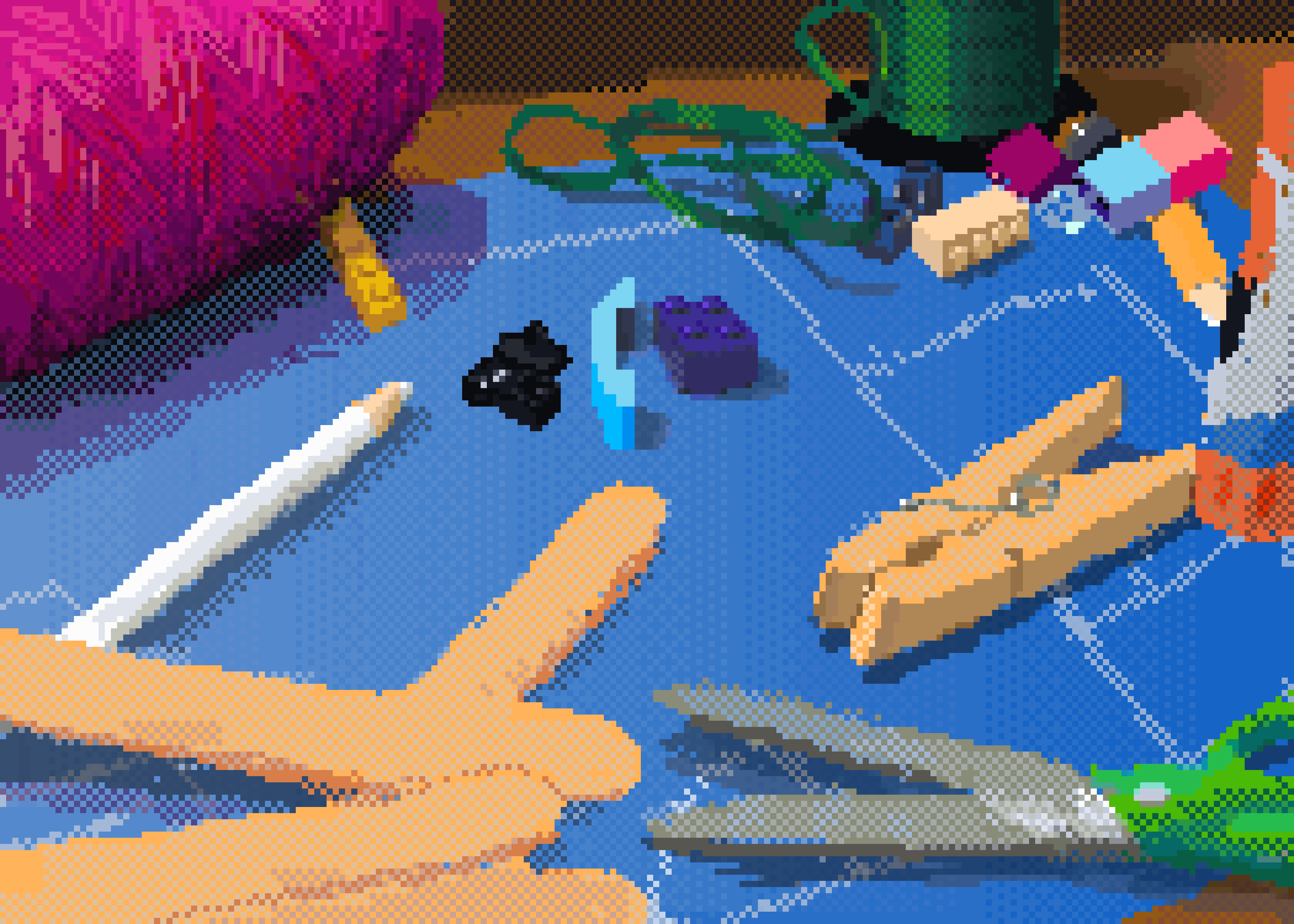 A pixel art still life of various art supplies over what appears to be a blueprint. Some of the items on display: a spool of pink yarn, a spool of green ribbon, popsicle sticks, a clothes hanger, plastic building blocks, a glue stick, safety scissors, and a pencil.